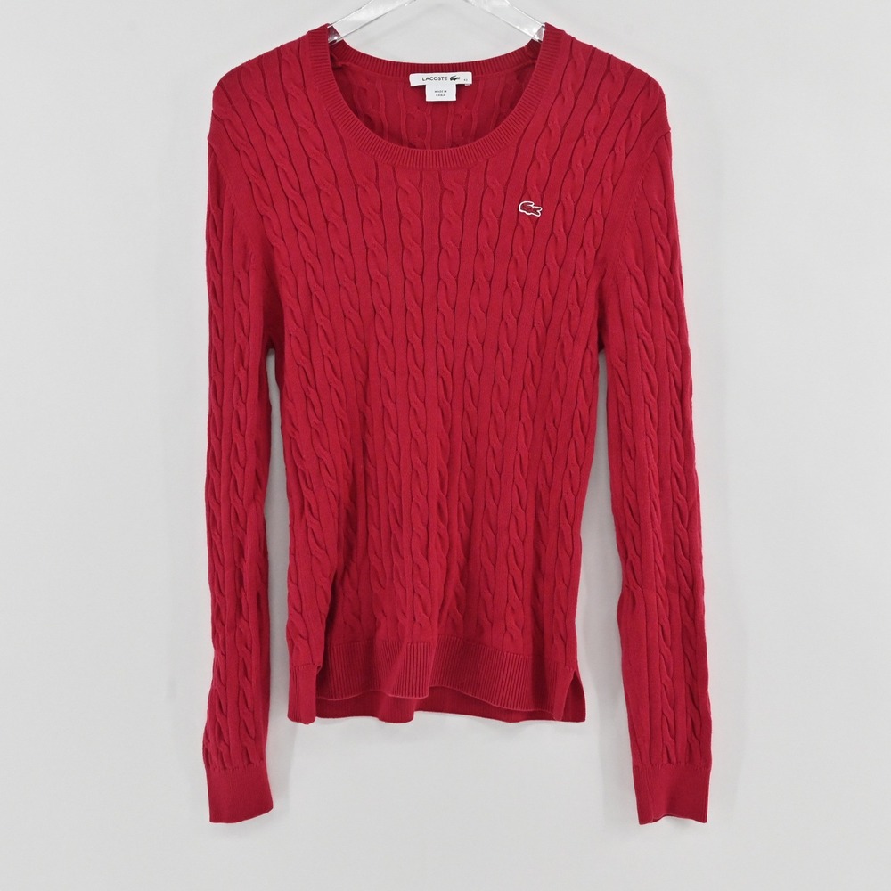 Lacoste Cable Knit Sweater Womens Size 42 L Red Preppy Cotton AF6321 Pullover